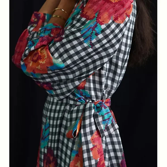 ❗SOLD❗Farm Rio | Gingham Floral Long Sleeve Collared Wrap Dress - Picture 3 of 16